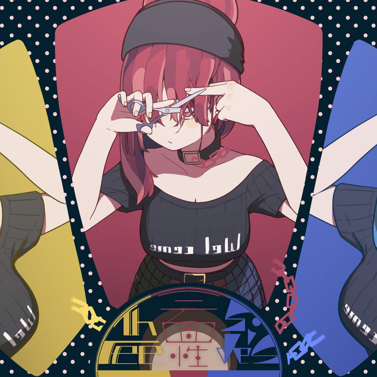 3girls ai_ken bangs bare_shoulders belt black_background black_belt black_choker black_shirt blue_skirt blush chains choker clothes_writing collarbone commentary cutting_hair english_commentary green_skirt hands_up hecatia_lapislazuli hecatia_lapislazuli_(earth) hecatia_lapislazuli_(moon) highres holding holding_scissors long_hair midriff_peek multicolored multicolored_clothes multicolored_skirt multiple_girls multiple_persona off-shoulder_shirt off_shoulder polka_dot polka_dot_background polos_crown red_eyes red_skirt redhead scissors shirt short_sleeves skirt t-shirt touhou upper_body
