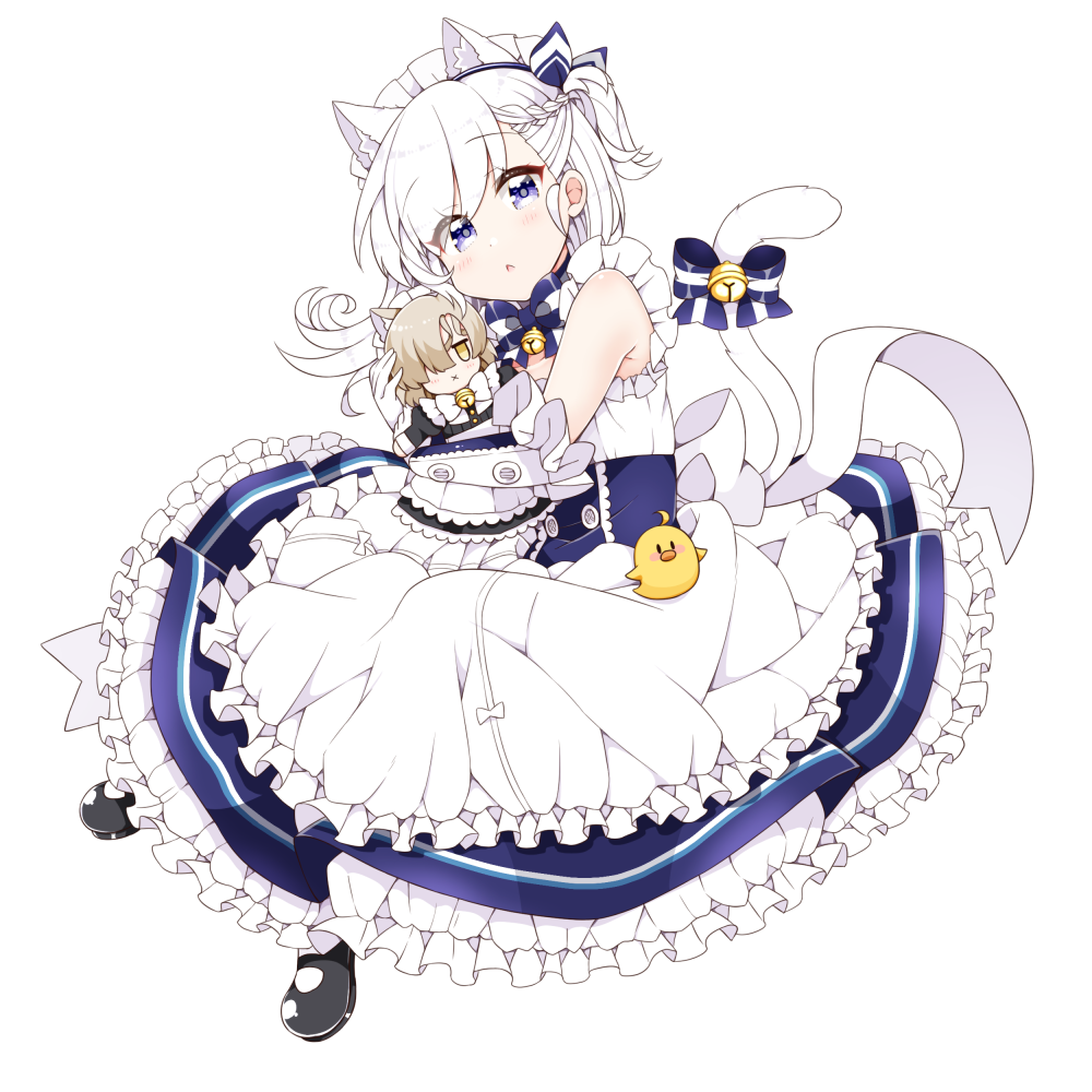 1girl animal animal_ear_fluff animal_ears apron azur_lane bare_shoulders belchan_(azur_lane) belfast_(azur_lane) bell bird black_footwear blue_bow blue_dress blue_ribbon blush bow braid cat_ears cat_girl cat_tail character_doll chestnut_mouth chick commentary commentary_request dress elbow_gloves frilled_apron frills full_body gloves hair_ribbon head_tilt jingle_bell kanjitomiko kemonomimi_mode maid maid_headdress mary_janes object_hug one_side_up parted_lips ribbon sheffield_(azur_lane) shoes simple_background sleeveless sleeveless_dress solo striped striped_bow tail tail_bell tail_bow tail_raised waist_apron white_apron white_background white_gloves