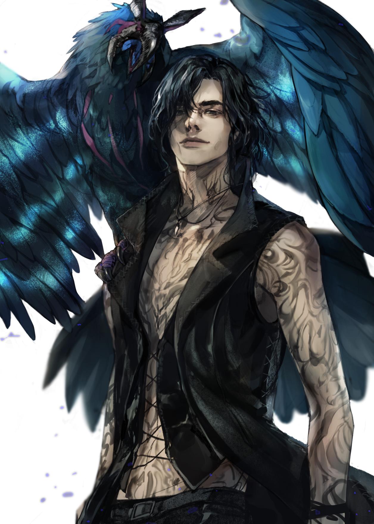 1boy bare_shoulders belt bird black_belt black_coat black_eyes black_hair black_pants black_vest closed_mouth coat collared_vest commentary crow devil_may_cry_5 full_body_tattoo griffon_(devil_may_cry_5) haban_(haban35) hair_over_one_eye highres jewelry looking_at_viewer male_focus medium_hair necklace open_clothes open_coat pants simple_background sleeveless sleeveless_coat smile standing tattoo v_(devil_may_cry) vest white_background