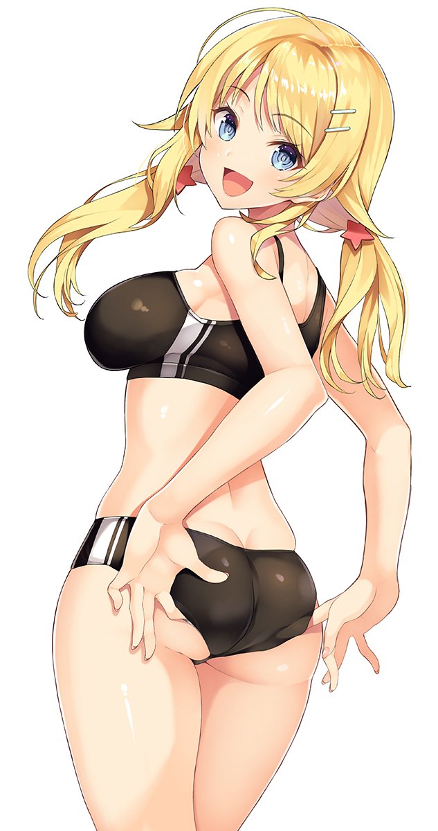 1girl adjusting_clothes adjusting_swimsuit ass bikini black_bikini blonde_hair blue_eyes blush breasts butt_crack hair_ornament highres inuzumi_masaki large_breasts looking_at_viewer original sideboob smile solo star star_hair_ornament swimsuit twintails