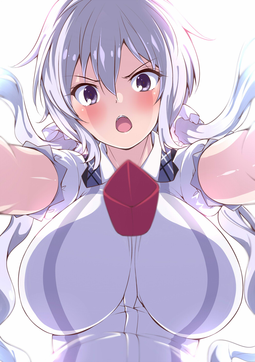 1girl amasora_taichi blush breasts commentary_request foreshortening from_below hair_between_eyes highres jewelry large_breasts lavender_hair long_hair looking_at_viewer low_twintails lydian_academy_uniform open_mouth pendant purple_hair scrunchie senki_zesshou_symphogear solo twintails violet_eyes yukine_chris