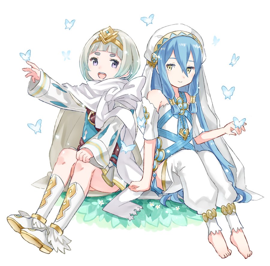 2girls anklet aqua_(fire_emblem_if) blue_hair blush bug butterfly cape closed_mouth dress elbow_gloves fire_emblem fire_emblem_heroes fire_emblem_if gloves gradient_hair hair_between_eyes hair_ornament insect jewelry long_sleeves menoko multicolored_hair multiple_girls nintendo open_mouth short_hair simple_background smile thigh-highs tiara veil violet_eyes white_hair yellow_eyes ylgr_(fire_emblem_heroes) younger