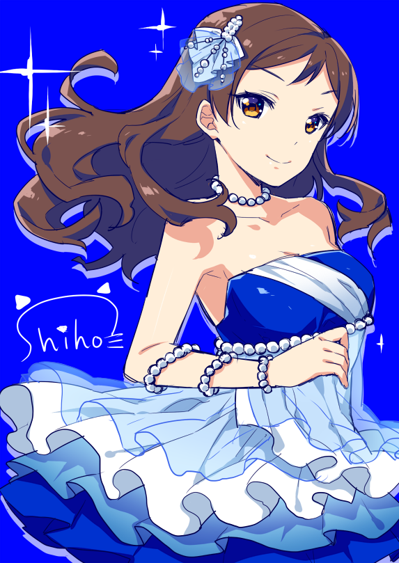 1girl blue_background blue_dress bracelet brown_eyes brown_hair collarbone cowboy_shot dress floating_hair idolmaster idolmaster_million_live! jewelry kitazawa_shiho layered_dress long_hair looking_at_viewer necklace short_dress sleeveless sleeveless_dress smile solo sparkle standing strapless strapless_dress touon very_long_hair