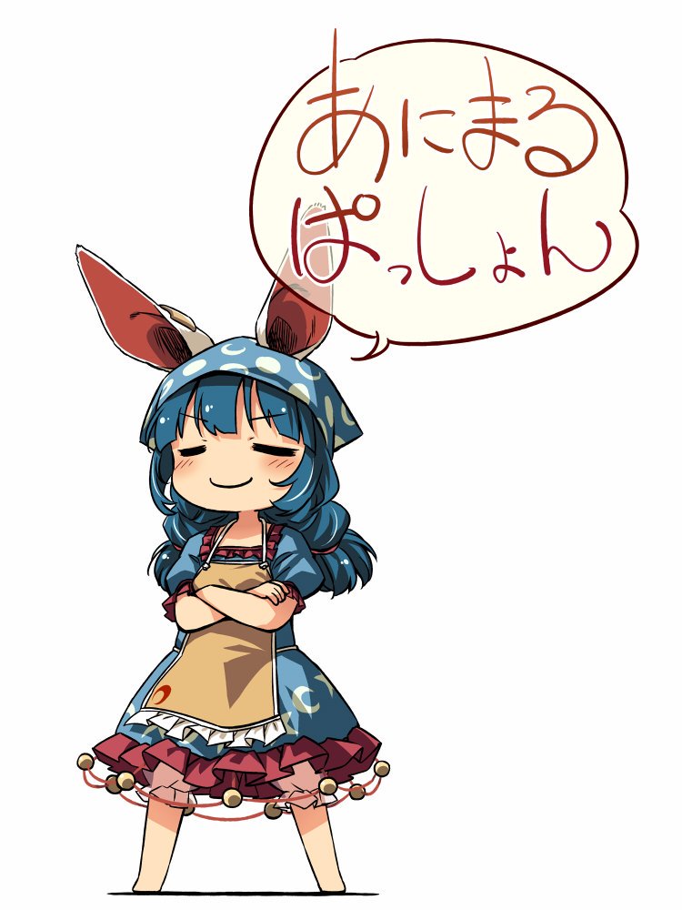 1girl animal_ears apron barefoot bloomers blue_dress blue_hair closed_eyes commentary_request crossed_arms dress ear_clip full_body hat long_hair low_twintails rabbit_ears seiran_(touhou) simple_background smile smug solo touhou translation_request twintails underwear white_background yellow_apron yudepii