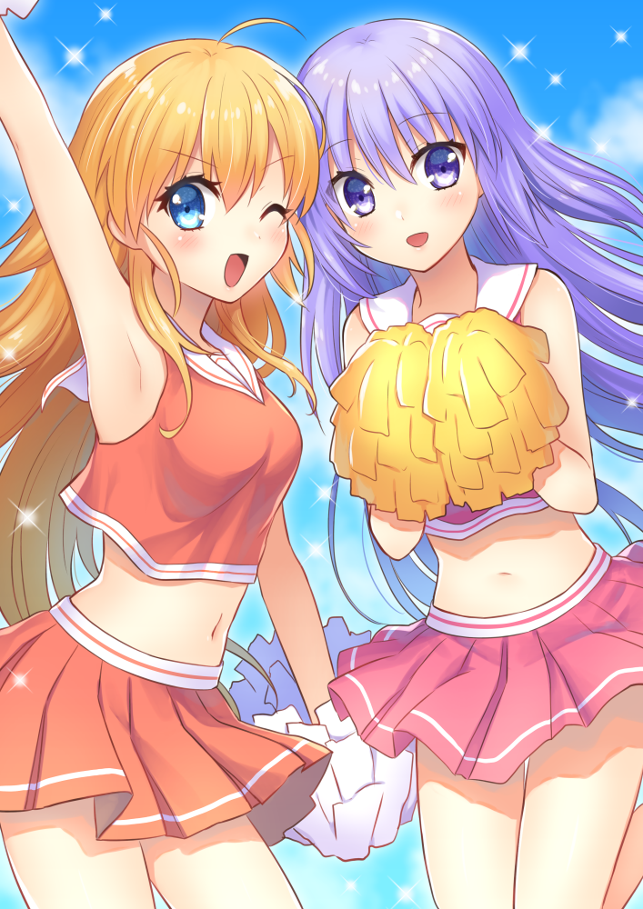 2girls angel_beats! blonde_hair blue_eyes blue_sky cheerleader clouds cowboy_shot crop_top crop_top_overhang irie_(angel_beats!) long_hair looking_at_viewer midriff multiple_girls nakamura_hinato one_eye_closed open_mouth orange_shirt orange_skirt pink_shirt pink_skirt pleated_skirt pom_poms purple_hair sailor_collar sekine shirt skirt sky sleeveless sleeveless_shirt smile sparkle violet_eyes white_sailor_collar