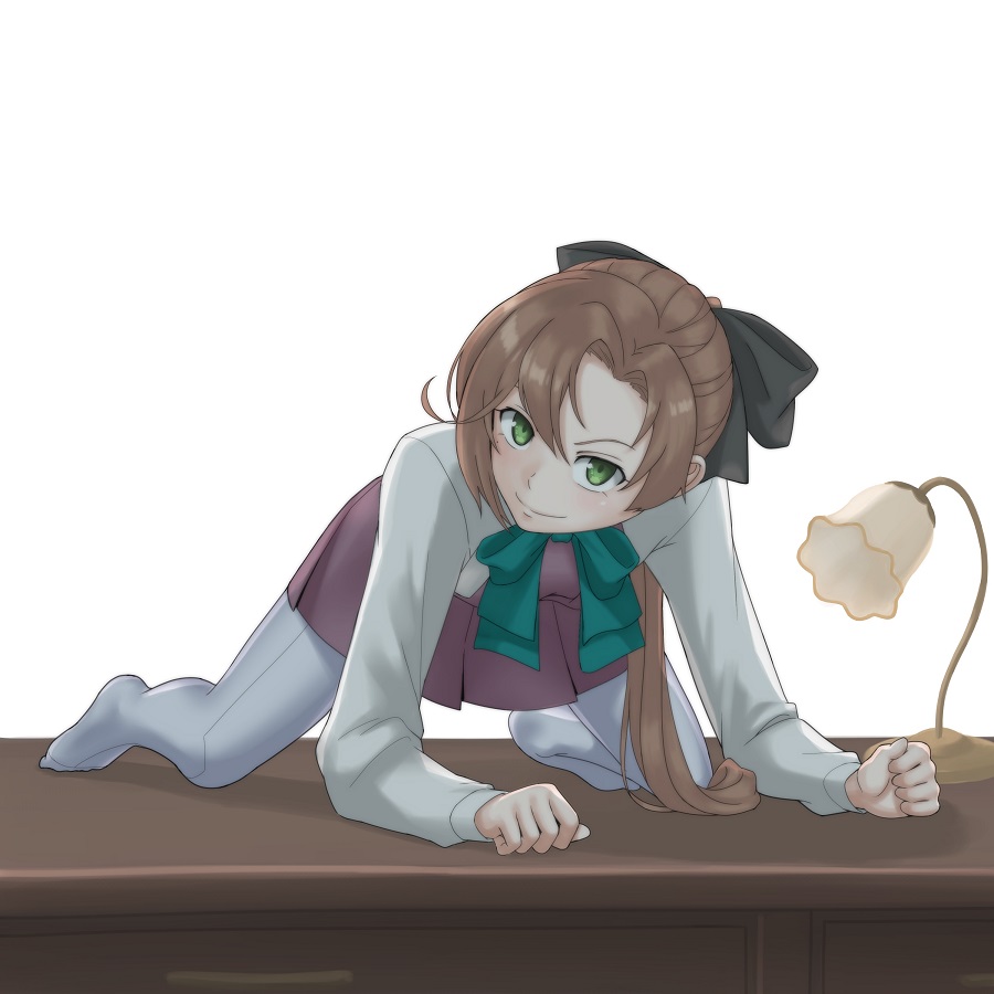 1girl akigumo_(kantai_collection) all_fours blush brown_hair desk desk_lamp green_eyes grey_legwear hair_ribbon kantai_collection kito_3_tyoki-tyoki lamp long_hair looking_at_viewer mole mole_under_eye pantyhose pleated_skirt ponytail ribbon school_uniform skirt