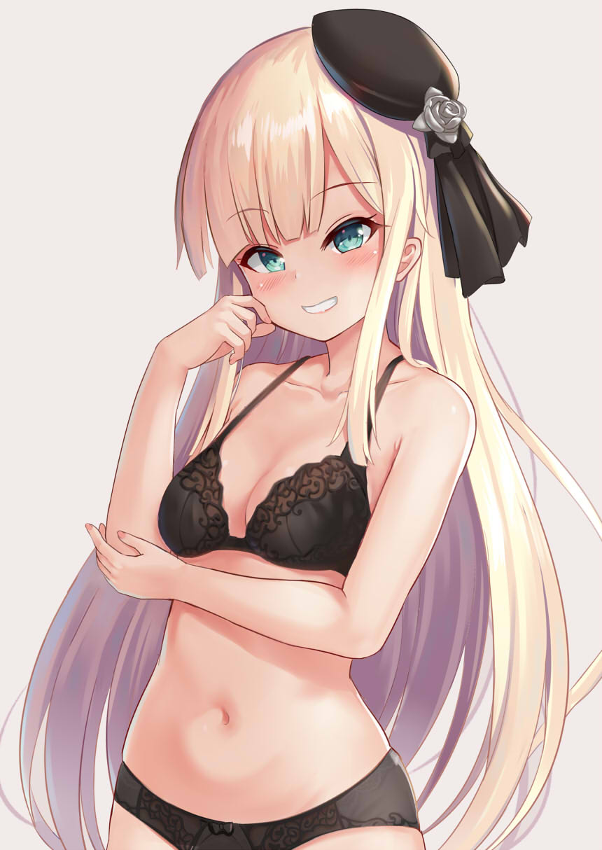 1girl bangs bare_arms bare_shoulders beret black_bra black_headwear black_panties black_ribbon blonde_hair blush bow bow_panties bra breasts brown_background collarbone commentary_request eyebrows_visible_through_hair fate_(series) fingernails flower green_eyes grey_flower grey_rose grin hair_flower hair_ornament hair_ribbon hand_up hat head_tilt highres long_hair lord_el-melloi_ii_case_files nail_polish navel panties pink_nails reines_el-melloi_archisorte ribbon rose shimokirin simple_background small_breasts smile solo tilted_headwear underwear underwear_only very_long_hair