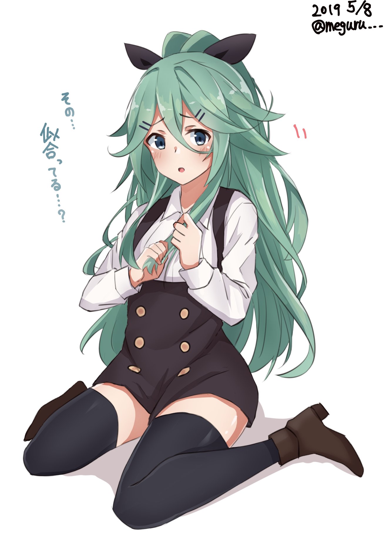 1girl :o black_legwear black_skirt blue_eyes blush brown_footwear commentary_request green_hair hair_ornament hair_ribbon hairclip high-waist_skirt highres holding holding_hair kantai_collection long_hair long_sleeves meguru_(megurunn) open_mouth ponytail ribbon shirt sitting skirt solo suspender_skirt suspenders thigh-highs translation_request wariza white_shirt yamakaze_(kantai_collection) zettai_ryouiki