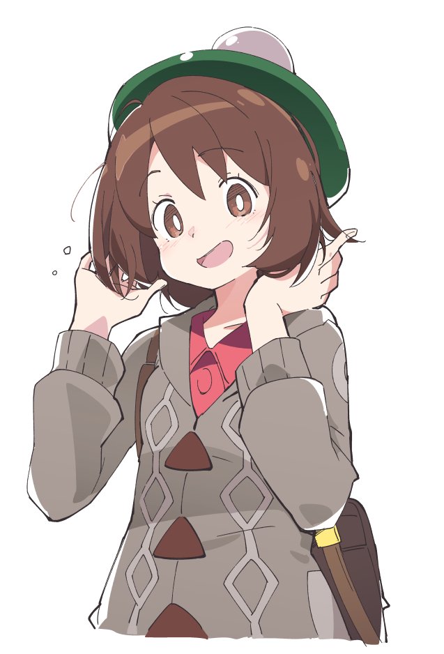 1girl bag blush brown_eyes brown_hair creatures_(company) eyebrows_visible_through_hair female_protagonist_(pokemon_swsh) game_freak green_headwear hat ixy looking_at_viewer nintendo open_mouth pokemon pokemon_(game) pokemon_swsh short_hair simple_background smile solo tam_o'_shanter white_background