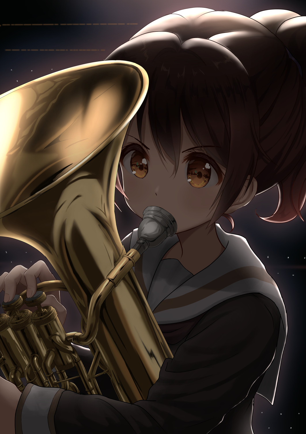 1girl bangs bow brown_eyes brown_hair brown_shirt commentary_request dark_background euphonium hair_bow hibike!_euphonium highres instrument long_hair long_sleeves looking_at_viewer mimikaki_(men_bow) music oumae_kumiko playing_instrument ponytail sailor_collar school_uniform serafuku shirt solo upper_body v-shaped_eyebrows white_sailor_collar