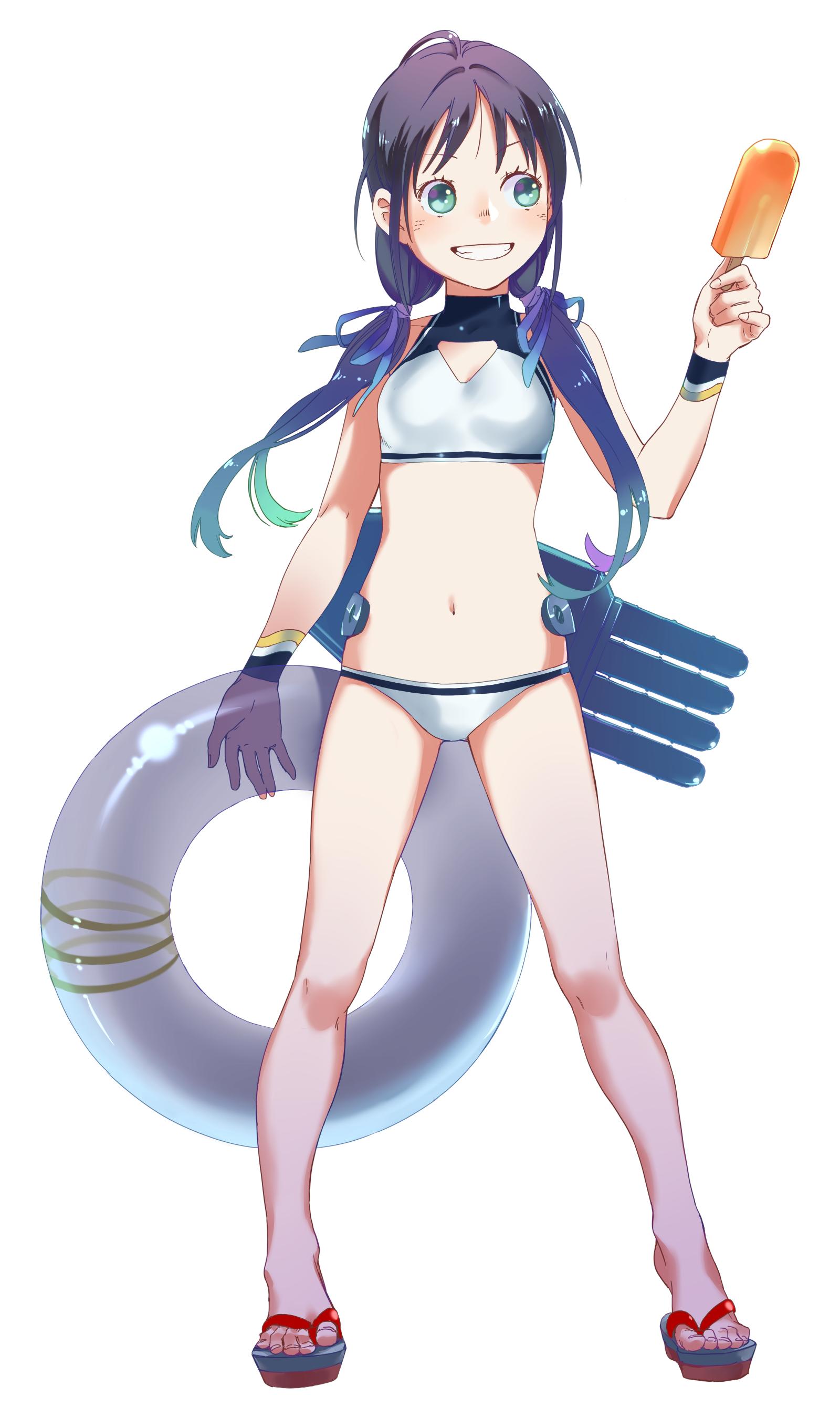 1girl absurdres bikini blue_hair cannon commentary_request food full_body green_eyes grin highres innertube kantai_collection long_hair looking_to_the_side low_twintails machinery navel popsicle ribbon sandals smile solo suzukaze_(kantai_collection) swimsuit tank_top transparent_background turret twintails uyama_hajime white_background white_bikini wristband