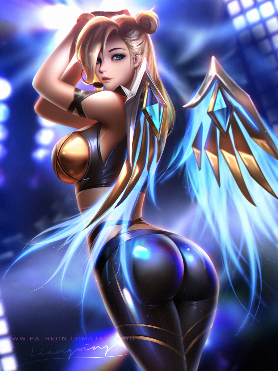 1girl alternate_costume arm_strap armor armpits arms_up ass black_pants blonde_hair blue_eyes blurry blurry_background boobplate breastplate breasts cosplay detached_wings from_behind hair_bun hair_over_one_eye hands_in_hair headset highres k/da_(league_of_legends) k/da_kai'sa kai'sa kai'sa_(cosplay) large_breasts league_of_legends liang_xing looking_at_viewer looking_back mechanical_wings mercy_(overwatch) microphone overwatch pants parted_lips photoshop_(medium) prestige_edition_(league_of_legends) signature skin_tight smile solo tight tight_pants wings