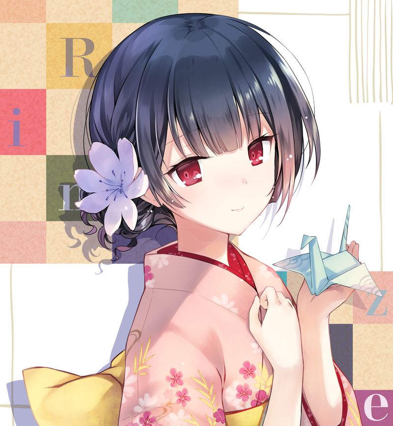 1girl bangs black_hair blush bow closed_mouth commentary_request eyebrows_visible_through_hair floral_print flower hair_flower hair_ornament hands_up holding idolmaster idolmaster_shiny_colors japanese_clothes kimono long_sleeves looking_at_viewer looking_to_the_side morino_rinze obi origami paper_crane pink_kimono print_kimono purple_flower red_eyes rei_(rei's_room) sash short_hair smile solo upper_body yellow_bow