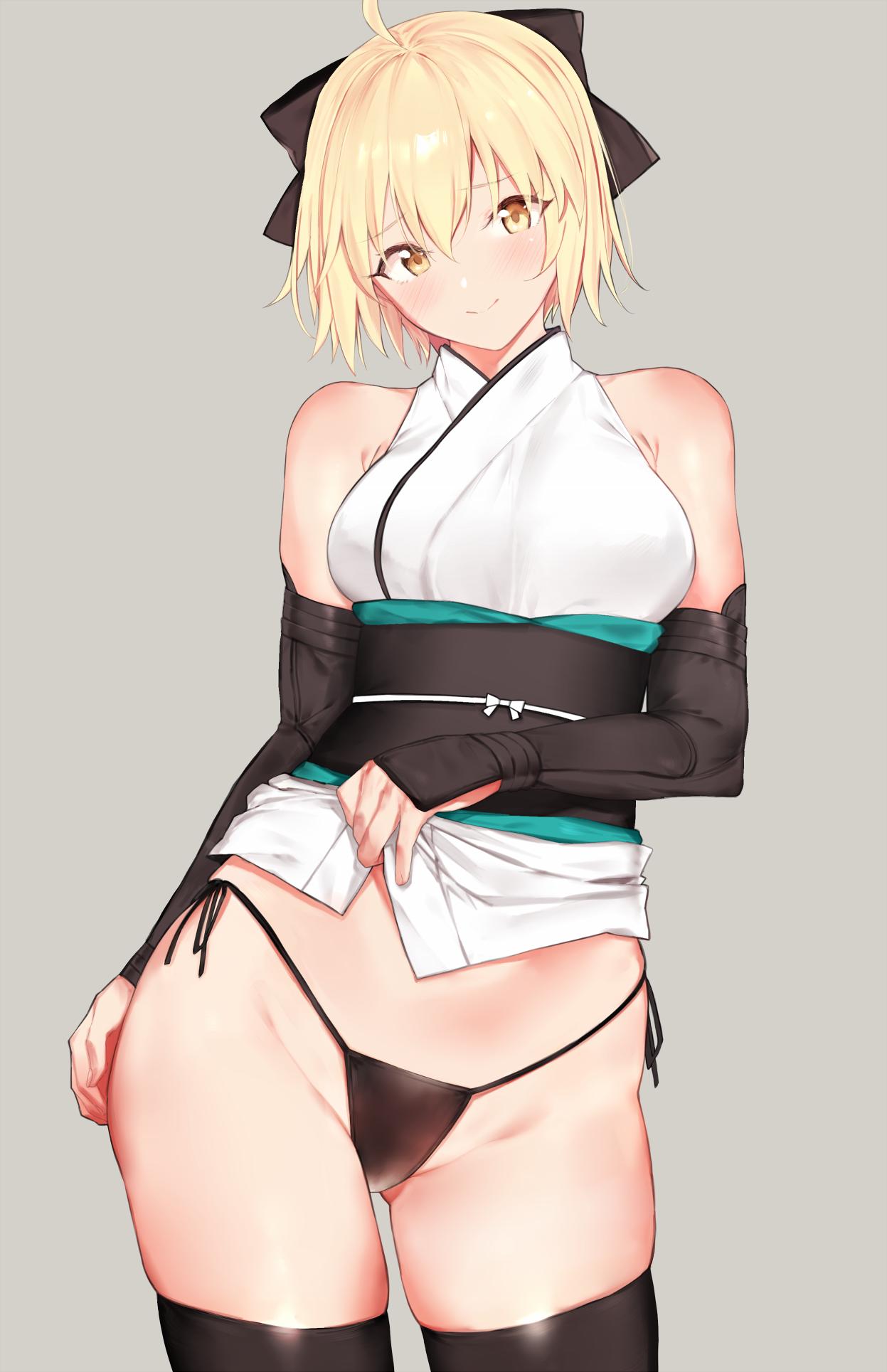 1girl ahoge arm_guards ass_visible_through_thighs bare_shoulders black_legwear black_panties blonde_hair blush bow breasts closed_mouth commentary cowboy_shot detached_sleeves fate_(series) grey_background hair_between_eyes hair_bow head_tilt highres japanese_clothes kimono koha-ace lifted_by_self looking_at_viewer medium_breasts obi okita_souji_(fate) okita_souji_(fate)_(all) panties remora180 sash short_hair short_kimono side-tie_panties simple_background smile solo string_panties thigh-highs underwear yellow_eyes