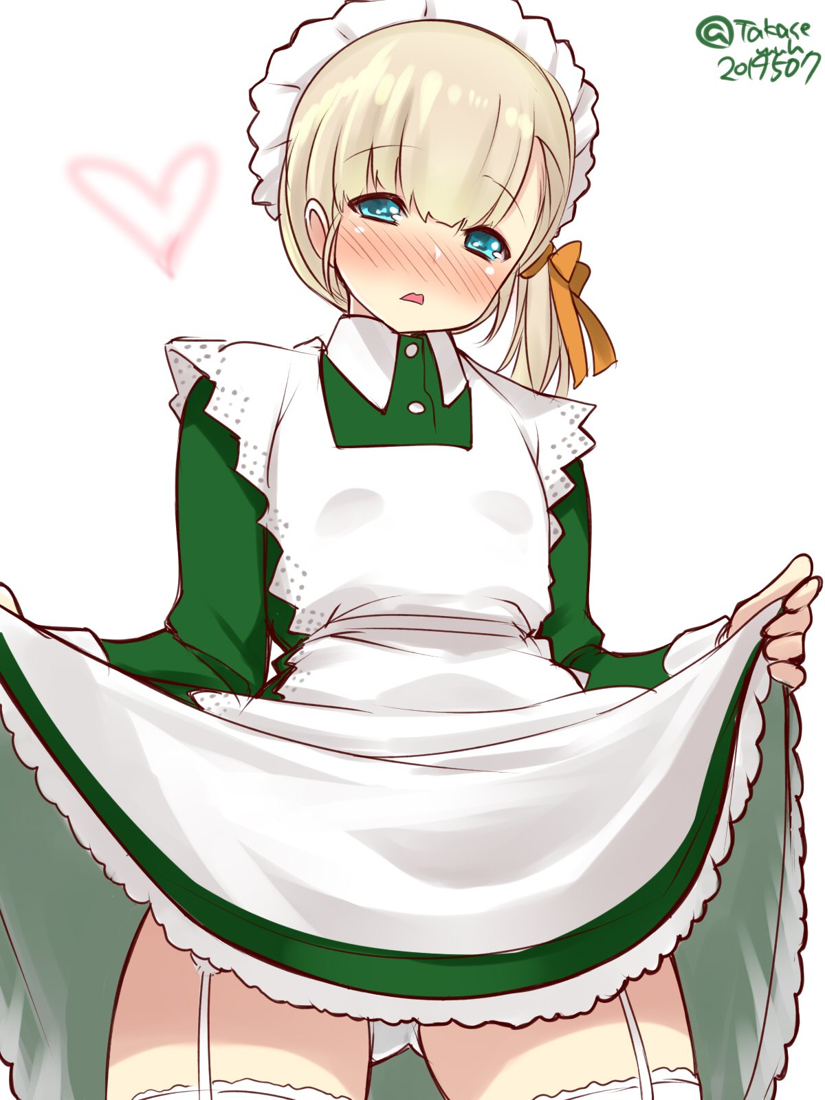 1girl alternate_costume apron bangs blonde_hair blue_eyes blunt_bangs blush commentary_request cowboy_shot dress dress_shirt enmaided frilled_apron frills garter_straps gluteal_fold green_dress hair_ornament highres kantai_collection long_hair looking_at_viewer maid maid_headdress panties pantyshot ribbon shin'you_(kantai_collection) shirt side_ponytail simple_background solo standing takase_muu thigh-highs underwear white_apron white_background white_legwear white_panties
