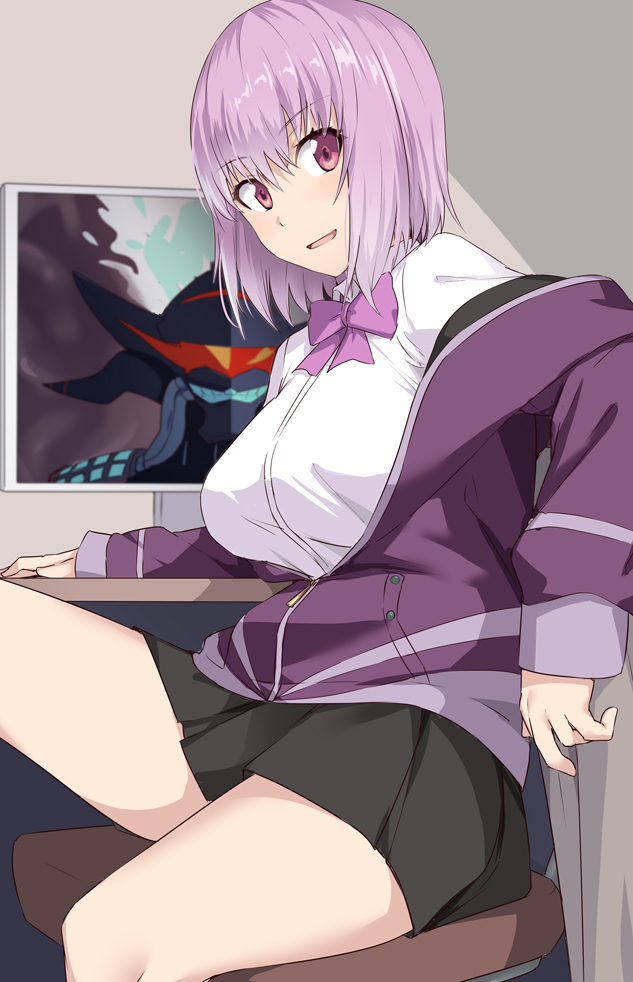 1girl bangs black_skirt bow breasts chair collared_shirt commentary_request computer desk eyebrows_visible_through_hair indoors jacket knee_up large_breasts long_sleeves looking_at_viewer off_shoulder office_chair on_chair open_clothes open_jacket pleated_skirt purple_bow purple_hair purple_jacket school_uniform shinjou_akane shirt shiseki_hirame short_hair sitting skirt smile solo ssss.gridman uniform violet_eyes white_shirt