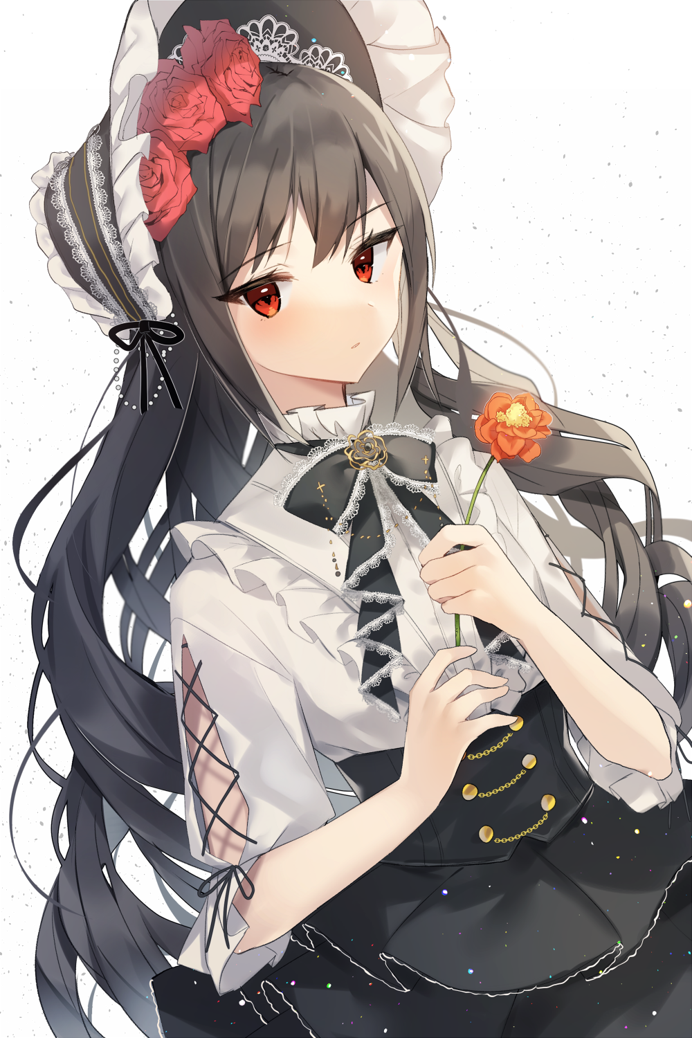 1girl black_bow black_dress black_hair black_ribbon bow commentary dress eyebrows_visible_through_hair flower hair_flower hair_ornament hairband highres holding holding_flower lolita_fashion lolita_hairband long_hair looking_at_viewer original red_eyes red_flower red_rose ribbon rose short_sleeves simple_background solo white_background white_dress yuhi_(hssh_6)