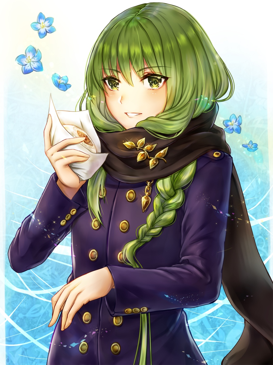 1boy androgynous black_scarf braid enkidu_(fate/strange_fake) eyebrows_visible_through_hair fate/strange_fake fate_(series) food green_eyes green_hair grin hair_between_eyes highres holding holding_food long_hair long_sleeves looking_at_viewer purple_coat scarf shiny shiny_hair smile solo standing tamaso upper_body