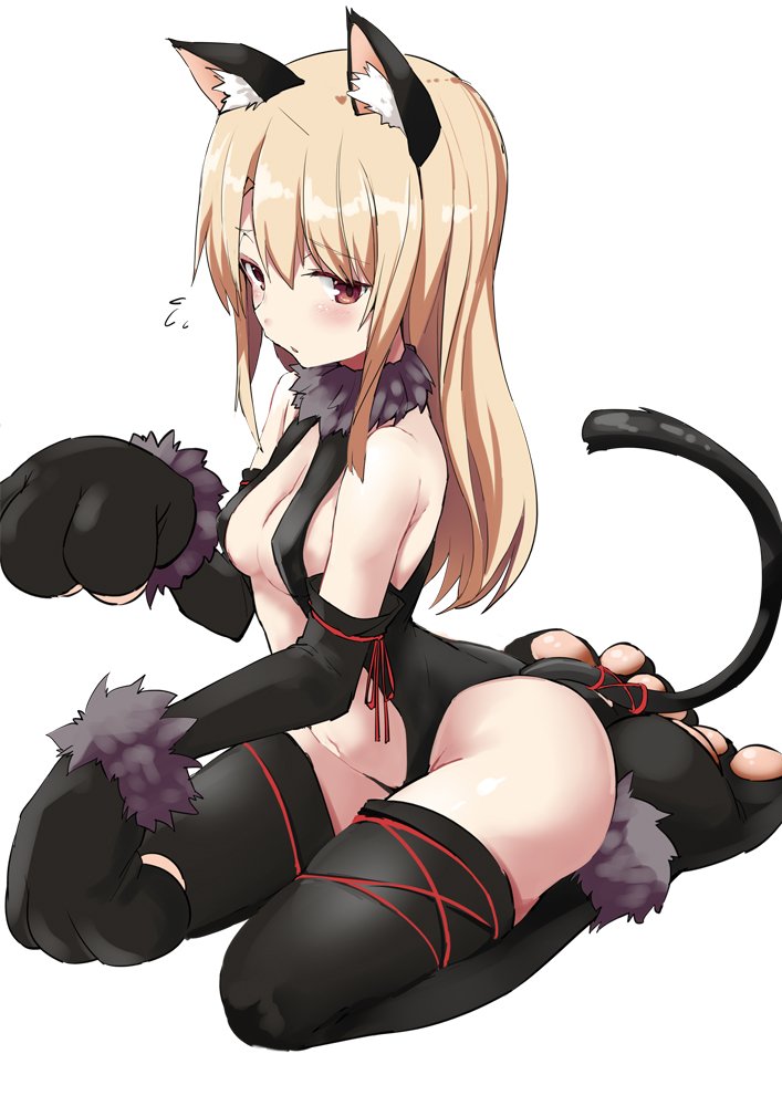 1girl animal_costume animal_ears bangs black_footwear black_gloves black_leotard blush boots breasts cat_costume cat_ears cat_tail cleavage commentary_request elbow_gloves eyebrows_visible_through_hair fake_animal_ears fake_tail fate/stay_night fate_(series) flying_sweatdrops full_body fur_collar gloves half-closed_eyes illyasviel_von_einzbern leotard light_frown long_hair looking_at_viewer medium_breasts navel noa_(nagareboshi) parted_lips paw_boots paw_gloves paws simple_background sitting solo stomach_cutout tail thigh-highs thigh_boots thighs wariza white_background