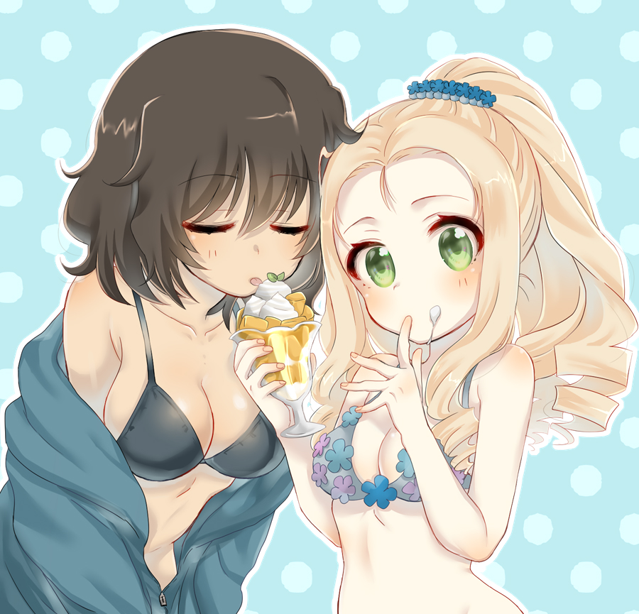 2girls alternate_hairstyle andou_(girls_und_panzer) bangs bikini black_bikini black_hair blonde_hair blue_background blue_bikini blue_jacket blue_scrunchie blush breasts cleavage commentary dark_skin drill_hair eyebrows_visible_through_hair finger_licking floral_print food food_on_face girls_und_panzer green_eyes hair_ornament hair_scrunchie hair_up holding holding_food jacket kumasawa_(dkdkr) leaning_forward licking long_hair looking_at_viewer marie_(girls_und_panzer) medium_breasts medium_hair messy_hair multiple_girls navel off_shoulder parfait polka_dot polka_dot_background scrunchie standing swimsuit unzipped yuri