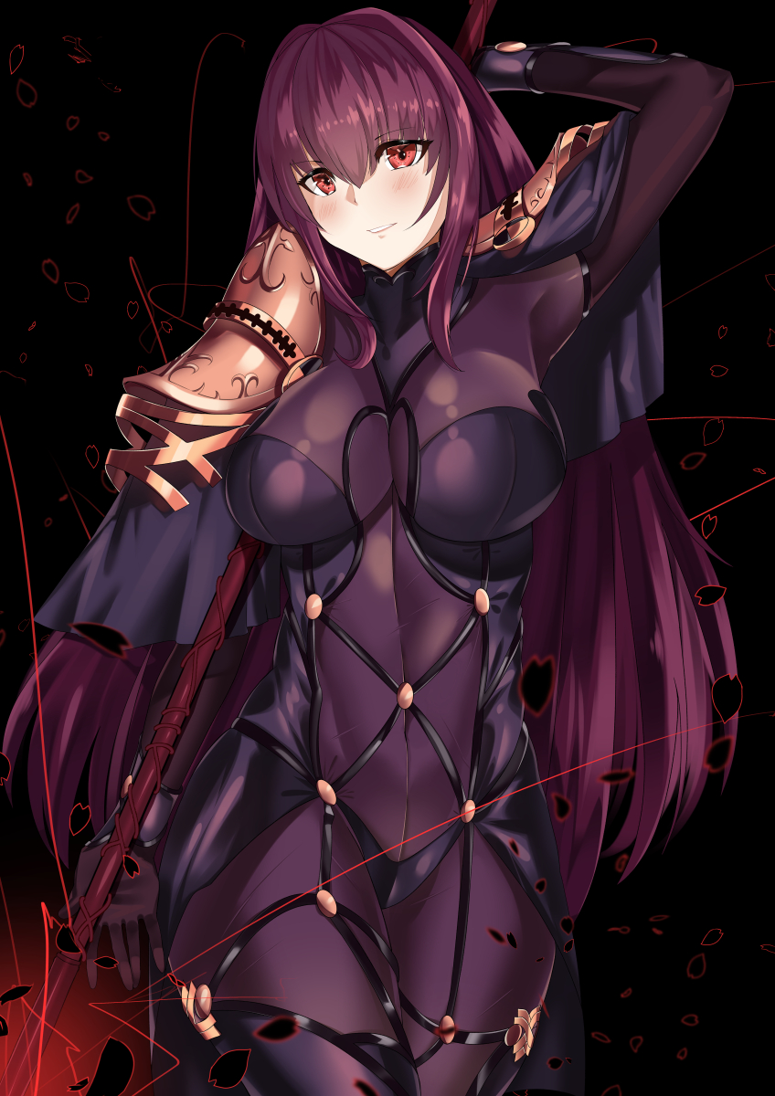 1girl bodysuit breasts covered_navel dark_background fate/grand_order fate_(series) gae_bolg hair_intakes highres holding holding_weapon kurosawa_(hjkl42332) large_breasts leotard long_hair looking_at_viewer parted_lips pauldrons petals polearm purple_bodysuit purple_hair purple_leotard red_eyes scathach_(fate)_(all) scathach_(fate/grand_order) shoulder_armor smile solo spear weapon