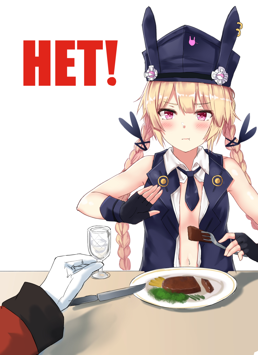 1girl 1other :t bangs black_gloves blonde_hair blush braid breasts cup eating eyebrows_visible_through_hair fingerless_gloves food fork girls_frontline giving gloves hair_ribbon hand_up hat highres holding holding_cup holding_fork karo-chan long_hair looking_at_viewer necktie open_clothes plate pov ribbon simple_background small_breasts solo sr-3mp_(girls_frontline) steak twin_braids twintails very_long_hair violet_eyes