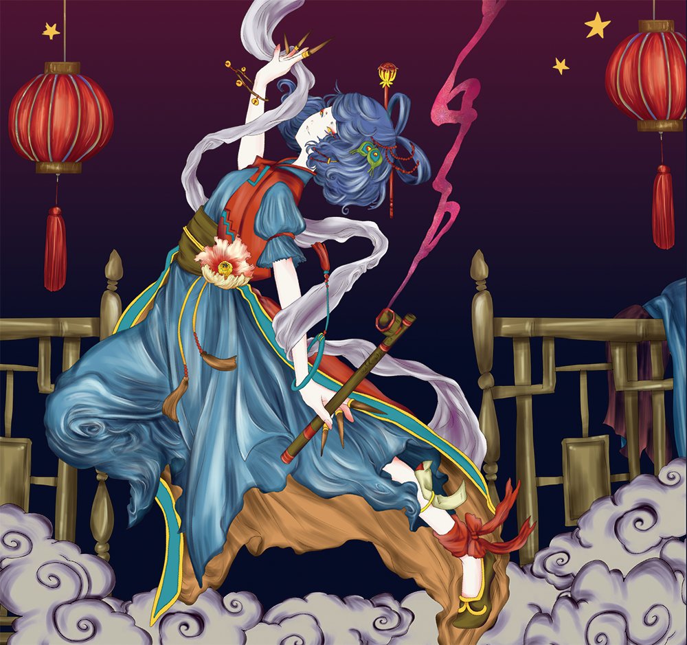 1girl adapted_costume ankle_ribbon bell blue_eyes blue_hair blue_pants bracelet chinese_clothes claws clouds coat dress eyeshadow feathers flats flower from_side full_body hagoromo hair_feathers hair_ornament hair_rings hair_stick hand_up holding holding_pipe jewelry jingle_bell jpeg_artifacts kaku_seiga lantern leaning_back leg_up long_dress makeup pale_skin pants peacock_feathers pipe poppy_(flower) puffy_short_sleeves puffy_sleeves purple_background ranko_no_ane red_coat ribbon sash shawl shoes short_hair short_sleeves sleeveless_coat smile smoke solo star tassel touhou yellow_sclera