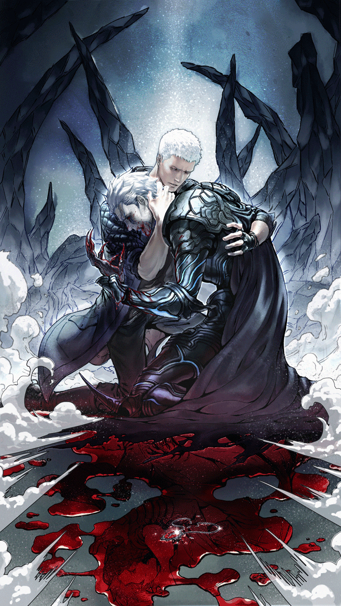 blood blood_on_face bloody_clothes devil_may_cry highres jewelry jiao_mao nero_(devil_may_cry) pendant vergil