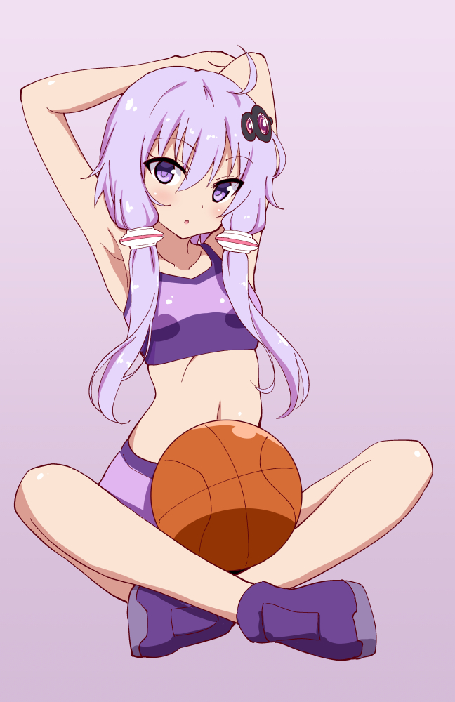 1girl :o ahoge alternate_costume armpits arms_up bangs bare_legs basketball blush breasts collarbone commentary_request full_body gin'you_haru hair_between_eyes hair_ornament indian_style looking_at_viewer navel parted_lips purple_footwear purple_hair short_hair_with_long_locks sidelocks sitting small_breasts solo sports_bra violet_eyes voiceroid yuzuki_yukari