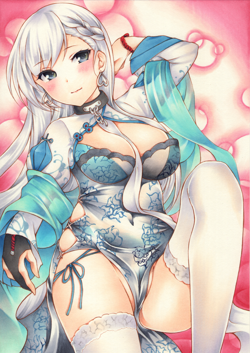 1girl alternate_costume arm_up azur_lane belfast_(azur_lane) belfast_(iridescent_rose)_(azur_lane) between_breasts black_gloves blush braid breasts bubble_background chains china_dress chinese_clothes cleavage collar covered_navel dress earrings eyebrows_visible_through_hair fingerless_gloves floral_print gloves grey_eyes groin heart heart_earrings highres jewelry long_hair long_sleeves looking_at_viewer marker_(medium) medium_breasts panties pelvic_curtain sash shrug_(clothing) side-tie_panties side_cutout silver_hair solo straight_hair thigh-highs thighs traditional_media underwear white_legwear yoruoujito-tsukinohime