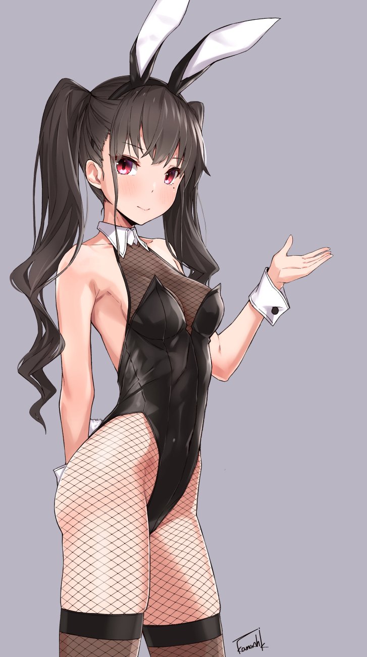 1girl animal_ears black_hair blush breasts bunny_girl bunny_tail bunnysuit cleavage commentary_request contrapposto covered_navel fake_animal_ears fishnet_pantyhose fishnets from_side grey_background halter_top halterneck hand_up highleg highleg_leotard highres leotard long_hair looking_at_viewer medium_breasts mole mole_under_eye original pantyhose rabbit_ears red_eyes sidelocks simple_background smile solo strapless strapless_leotard tail takanashi_kei_(hitsujikan) thigh-highs twintails wrist_cuffs