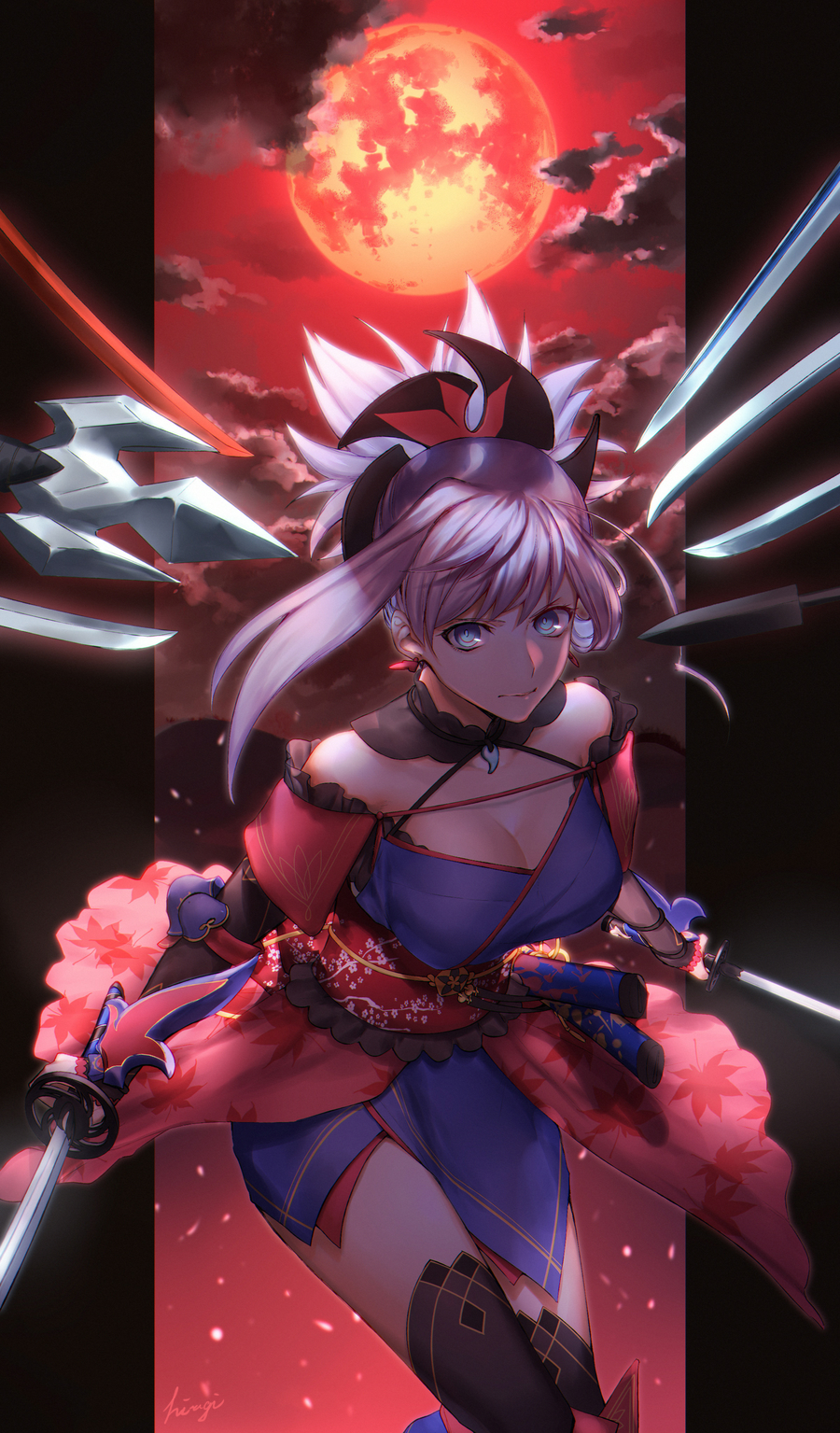 1girl black_legwear black_sleeves blue_eyes blue_kimono breasts choker cleavage clouds detached_sleeves dual_wielding fate/grand_order fate_(series) floating_hair full_moon hair_ornament highres holding holding_sword holding_weapon japanese_clothes katana kibou kimono large_breasts leaning_forward long_hair long_sleeves looking_at_viewer magatama_necklace miyamoto_musashi_(fate/grand_order) moon red_sky short_kimono silver_hair sky sleeveless sleeveless_kimono smile solo standing sword thigh-highs weapon zettai_ryouiki