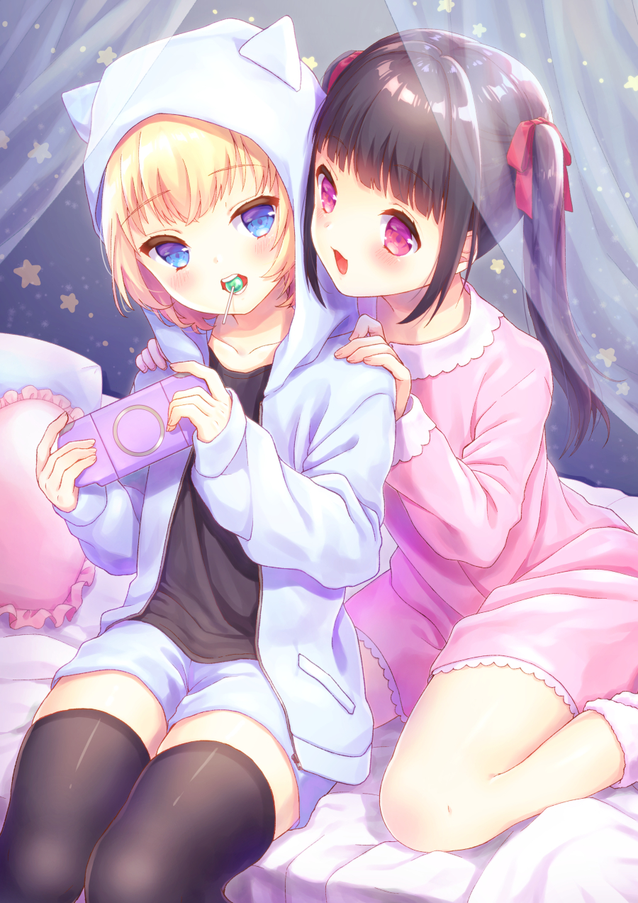 2girls animal_ears animal_hood bangs bed_sheet black_hair black_legwear blonde_hair blue_eyes cardigan cat_ears cat_hood collarbone dress eyebrows_visible_through_hair fake_animal_ears frilled_pillow frills game_console hair_ribbon hands_on_another's_shoulder highres holding hood hooded_cardigan indoors long_hair long_sleeves multiple_girls open_cardigan open_clothes open_mouth original pillow pink_dress pink_eyes red_ribbon ribbon shiny shiny_hair shirt short_dress short_hair short_shorts shorts sitting star thigh-highs twintails white_cardigan white_shirt white_shorts yuniki_yamaru zettai_ryouiki