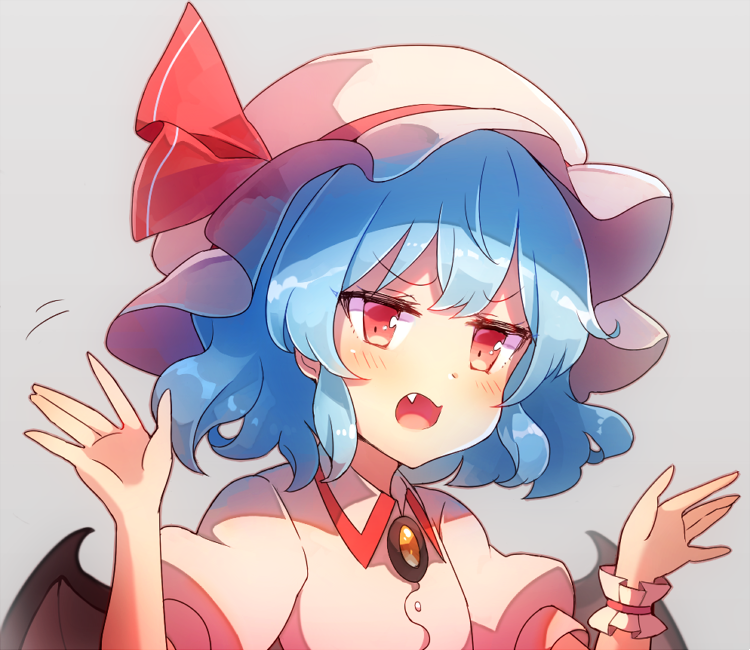 1girl 60mai bangs bat_wings blue_hair blush brooch commentary_request dress eyebrows_visible_through_hair fang grey_background hands_up hat hat_ribbon jewelry jitome looking_at_viewer mob_cap open_mouth pink_dress pink_headwear puffy_short_sleeves puffy_sleeves red_eyes red_ribbon remilia_scarlet ribbon short_hair short_sleeves simple_background solo touhou upper_body wings wrist_cuffs