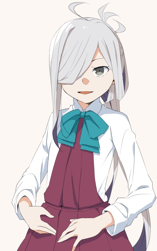 1girl ahoge asashimo_(kantai_collection) cowboy_shot grey_eyes hair_over_one_eye halterneck kantai_collection long_hair long_sleeves looking_at_viewer moti_coi ponytail school_uniform shirt silver_hair simple_background smile solo standing white_background white_shirt