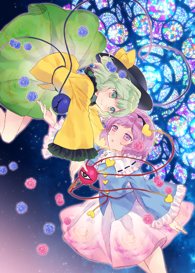 2girls arm_up black_headwear blouse blue_blouse blue_flower blue_rose closed_mouth eye_contact eyeball floating flower frilled_shirt_collar frilled_sleeves frills green_eyes green_hair green_skirt hair_ornament hairband hat hat_ribbon heart heart-shaped_pupils heart_hair_ornament komeiji_koishi komeiji_satori long_sleeves looking_at_another medium_hair multiple_girls night night_sky outstretched_arms parted_lips pink_eyes pink_flower pink_hair pink_rose pink_skirt reaching ribbon rose short_hair siblings sisters skirt sky smile stained_glass star_(sky) starry_sky symbol-shaped_pupils third_eye torii_sumi touhou wide_sleeves yellow_blouse yellow_ribbon