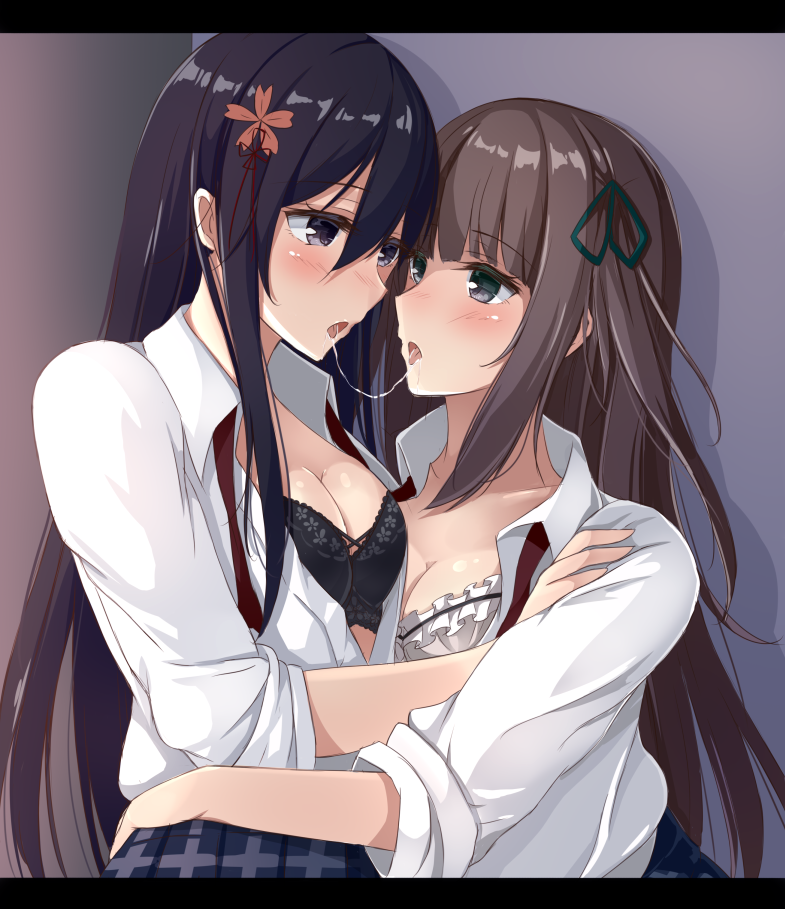 2girls after_kiss black_bra black_hair blush bra breasts brown_hair cleavage collared_shirt eyebrows_visible_through_hair face-to-face flower grey_eyes hair_between_eyes hair_flower hair_ornament hair_ribbon hug indoors lace lace-trimmed_bra letterboxed long_sleeves looking_at_another medium_breasts multiple_girls open_clothes open_mouth open_shirt original red_neckwear ribbon sakuramochi_usa saliva saliva_trail school_uniform shadow shirt sidelocks skirt straight_hair tongue underwear undone_necktie uniform upper_body violet_eyes white_shirt yuri