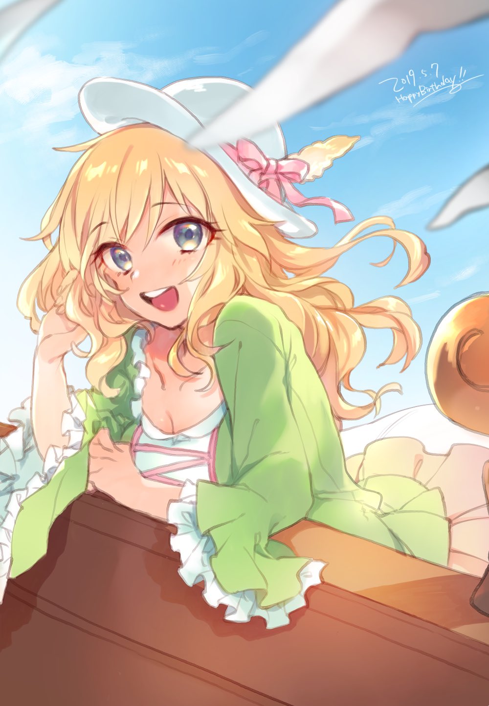 1girl :d blonde_hair blue_eyes blue_sky bow breasts cleavage clouds collarbone commentary_request dated eyebrows_visible_through_hair green_jacket hair_between_eyes happy_birthday hat hat_bow hazuki_(nature.) highres idolmaster idolmaster_cinderella_girls jacket long_hair long_sleeves looking_at_viewer medium_breasts ootsuki_yui open_mouth pink_bow sky smile solo upper_teeth wavy_hair wide_sleeves