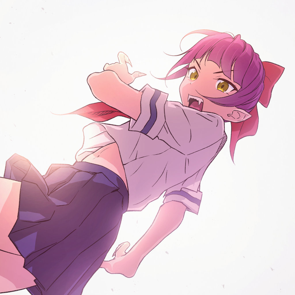 1girl akagi_(fmttps) alternate_costume backlighting bangs blue_skirt bow cat_girl claws commentary dutch_angle eyebrows_visible_through_hair fangs from_side frown gegege_no_kitarou grey_background hair_bow lips miniskirt navel neckerchief nekomusume nekomusume_(gegege_no_kitarou_6) open_mouth pleated_skirt pointy_ears purple_hair red_bow red_neckwear school_uniform serafuku short_hair short_sleeves skirt solo v-shaped_eyebrows yellow_eyes