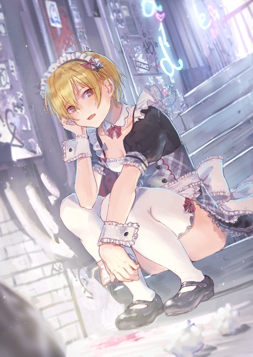 1girl black_footwear blonde_hair breasts cleavage eyebrows_visible_through_hair highres idolmaster idolmaster_shiny_colors looking_at_viewer maid maid_headdress medium_breasts open_mouth puffy_short_sleeves puffy_sleeves red_eyes roki_(0214278) saijou_juri short_hair short_sleeves sitting solo stairs thigh-highs white_legwear wrist_cuffs