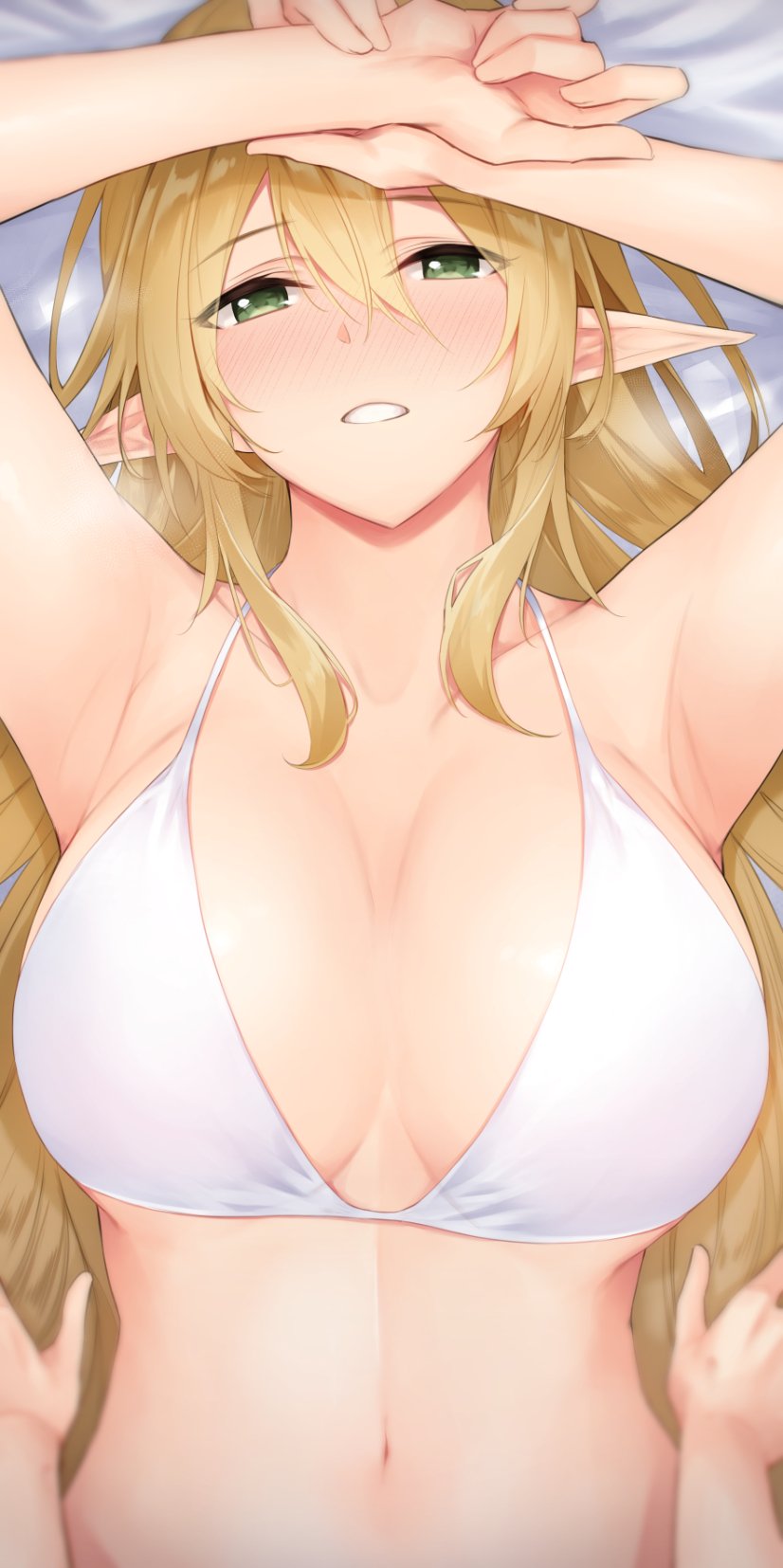 1girl anza_tomo armpits arms_up bare_shoulders blonde_hair blush breasts cleavage elf green_eyes hair_between_eyes highres large_breasts long_hair looking_at_viewer navel original parted_lips pointy_ears smile solo_focus