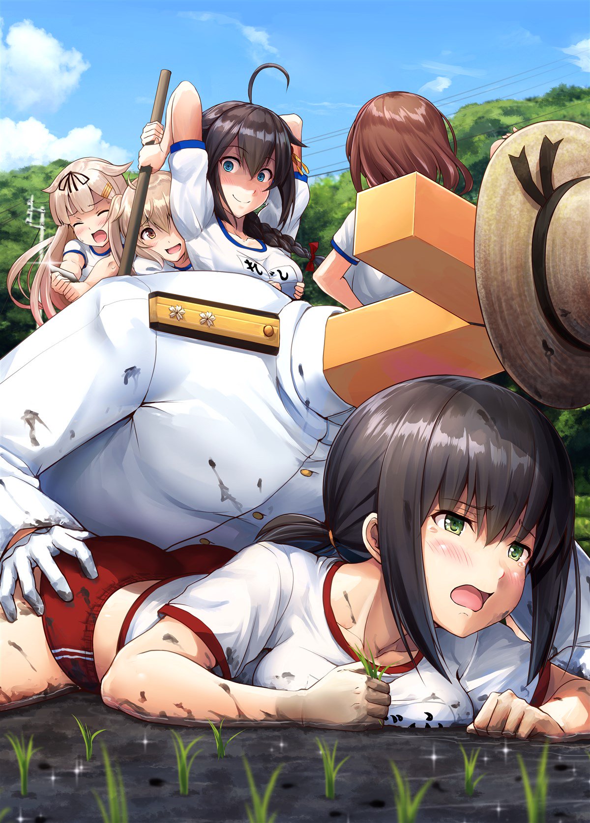 1boy 5girls admiral_(kantai_collection) ahoge alternate_costume ass bangs black_hair black_ribbon blonde_hair blue_eyes blue_sky blush boy_on_top braid breast_hold breasts brown_eyes brown_hair buruma closed_mouth clouds collarbone commentary_request day dirty dirty_clothes dirty_face epaulettes eyebrows_visible_through_hair fubuki_(kantai_collection) gloves gradient_hair green_eyes gym_shorts gym_uniform hair_between_eyes hair_flaps hair_ornament hair_over_shoulder hair_ribbon hairclip hand_on_another's_ass hat highres holding ichikawa_feesu kantai_collection light_brown_hair long_hair looking_at_viewer lying medium_breasts military military_hat military_uniform mud multicolored_hair multiple_girls murasame_(kantai_collection) name_tag naval_uniform on_stomach open_mouth outdoors plant ponytail power_lines remodel_(kantai_collection) ribbon rice_paddy school_uniform shaded_face shigure_(kantai_collection) shiratsuyu_(kantai_collection) shirt short_hair short_sleeves shorts single_braid sky smile standing t-head_admiral tearing_up tears tree twintails two_side_up uniform water wet white_gloves yuudachi_(kantai_collection)