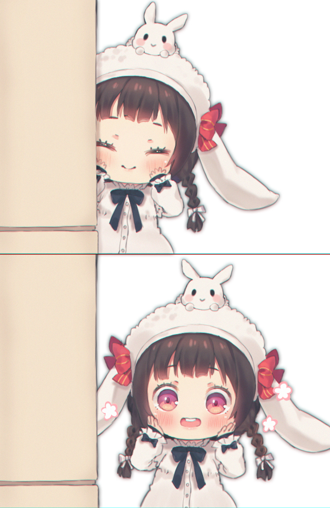 1girl :d ^_^ animal animal_ears animal_hat animal_on_head bangs black_bow blush bow braid brown_hair bunny_hat bunny_on_head chibi closed_eyes closed_eyes closed_mouth commentary dress eyebrows_visible_through_hair facing_viewer fake_animal_ears foreign_blue girls_frontline hair_bow hat korean_commentary long_hair long_sleeves looking_at_viewer low_twintails m99_(girls_frontline) on_head open_mouth peekaboo puffy_long_sleeves puffy_sleeves rabbit rabbit_ears red_eyes round_teeth sleeves_past_wrists smile teeth twin_braids twintails upper_teeth white_bow white_dress white_headwear