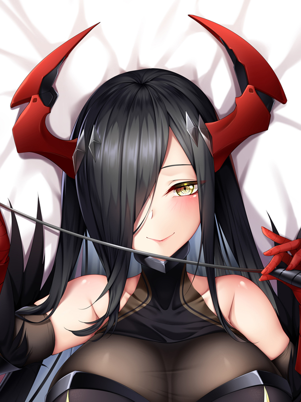 1girl arm_warmers asymmetrical_bangs azur_lane bakugadou bangs bare_shoulders baton_(instrument) bed_sheet black_hair bodysuit breasts cleavage collar collarbone dakimakura feather_trim friedrich_der_grosse_(azur_lane) gloves hair_over_one_eye horn_ornament large_breasts long_hair looking_at_viewer lying on_back red_gloves smile solo straight_hair taut_clothes turtleneck upper_body yellow_eyes
