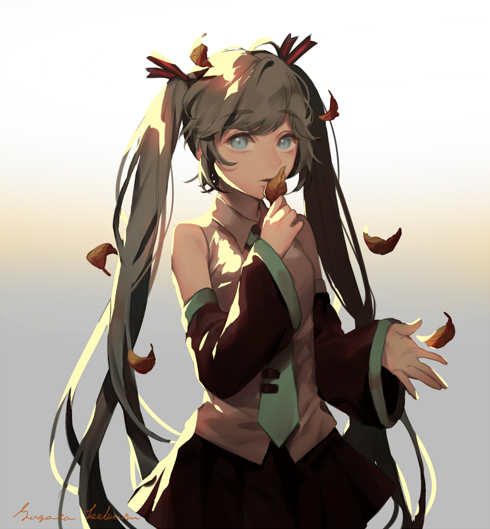 1girl aqua_hair aqua_neckwear arm_up artist_name autumn_leaves black_skirt black_sleeves blue_eyes collared_shirt commentary_request detached_sleeves falling_leaves gradient gradient_background grey_shirt hatsune_miku holding holding_leaf leaf long_hair looking_at_viewer necktie shirt signature skirt sleeveless sleeveless_shirt solo sugata_keburu twintails very_long_hair vocaloid wing_collar