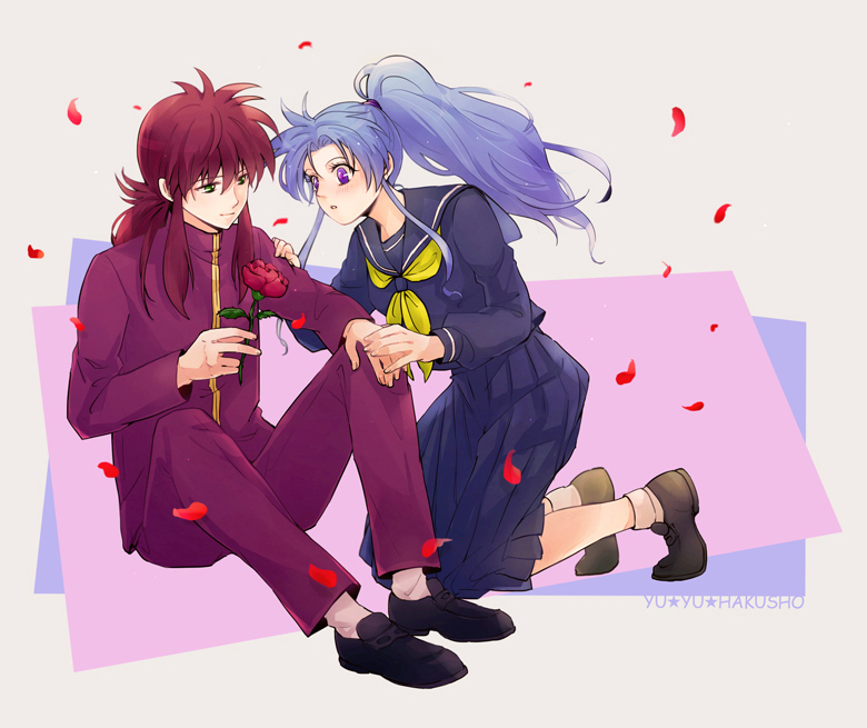 1boy 1girl blue_hair blue_serafuku blue_shirt blue_skirt blush botan_(yuu_yuu_hakusho) breasts closed_mouth commentary_request hetero kurama long_hair ponytail school_uniform shirt skirt smile violet_eyes yuu_yuu_hakusho