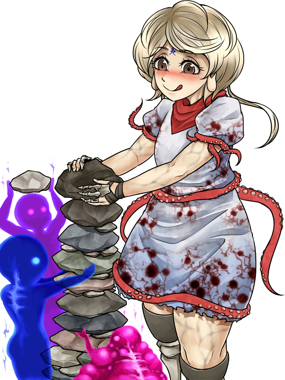 1girl aura blonde_hair blush brown_eyes commentary_request dress earlobes ebisu_eika facial_mark forehead_mark highres licking_lips pebble prosthesis prosthetic_fingers prosthetic_leg red_scarf ryuuichi_(f_dragon) scarf short_hair short_sleeves simple_background solo spirit stacking stone suction_cups tentacle tongue tongue_out touhou veins white_background white_dress