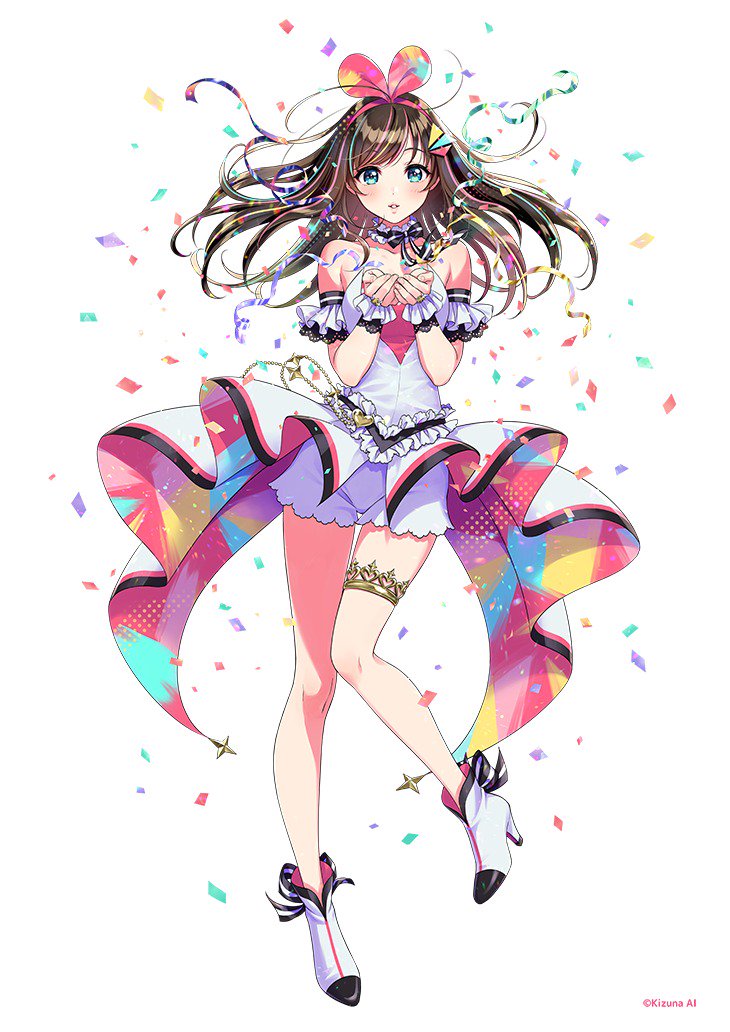 1girl a.i._channel ankle_boots bangs bare_legs bare_shoulders blush boots brown_hair character_name collarbone commentary_request confetti copyright_name detached_sleeves eyebrows_visible_through_hair full_body hairband heart high_heel_boots high_heels jewelry kizuna_ai long_hair looking_at_viewer morikura_en multicolored_hair neck_garter official_art own_hands_together panties pink_hair pink_hairband ring short_sleeves shorts simple_background smile solo strapless streaked_hair swept_bangs thigh_gap thighlet underwear virtual_youtuber waist_cape white_background white_footwear white_shorts wrist_cuffs