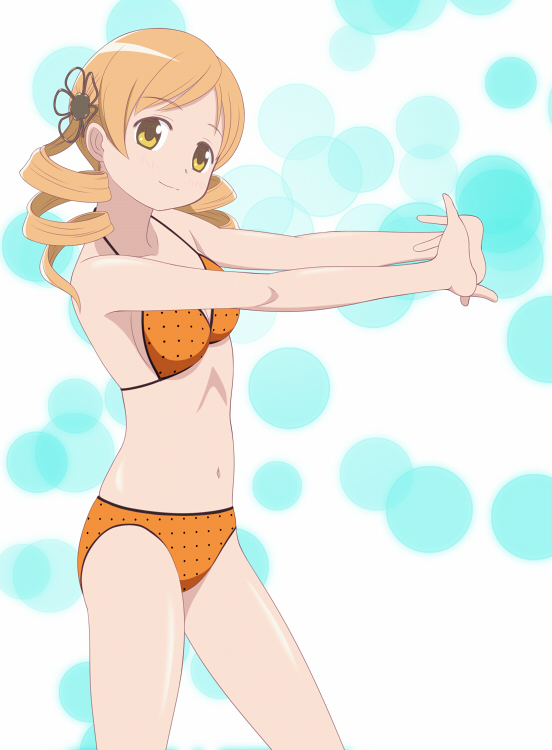 1girl bikini blonde_hair breasts cap_(dkdm-d) cleavage drill_hair eyebrows_visible_through_hair from_side hair_ornament long_hair looking_at_viewer mahou_shoujo_madoka_magica navel orange_bikini outstretched_arm polka_dot polka_dot_bikini shiny shiny_hair sideboob small_breasts solo standing swimsuit tomoe_mami twin_drills yellow_eyes