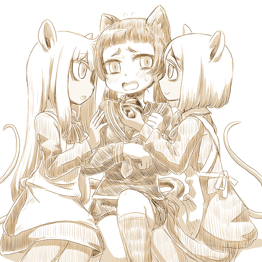 3girls animal_ears apron bell cat_ears cat_girl cat_tail character_request copyright_request dress maid maid_apron monochrome mouse_ears mouse_girl mouse_tail multiple_girls riyo_(lyomsnpmp) school_uniform serafuku skirt sweatdrop tail worried